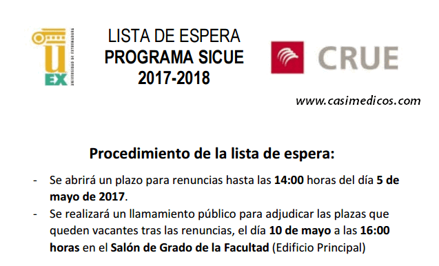 Facultad de Medicina Extremadura: LISTA DE ESPERA PROGRAMA SICUE 2017-2018