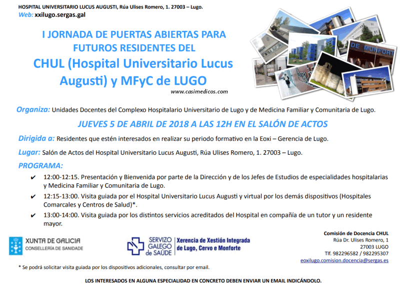 I JORNADA DE PUERTAS ABIERTAS PARA FUTUROS RESIDENTES DEL CHUL (Hospital Universitario Lucus Augusti) y MFyC de LUGO @ Hospital Universitario Lucus Augusti | Lugo | Galicia | Spain