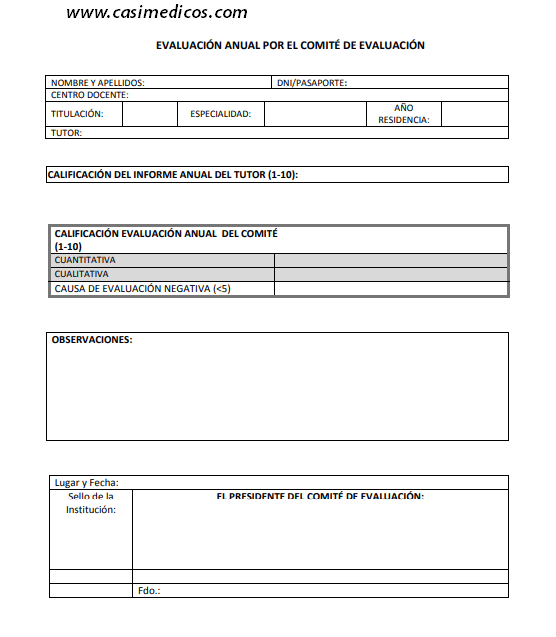 EVALUACIÓN ANUAL POR EL COMITÉ DE EVALUACIÓN de los especialistas en formación (MIR).