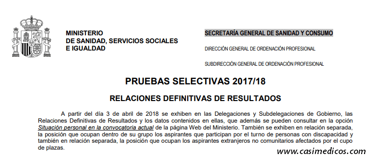 Relaciones definitivas de resultados MIR 2018