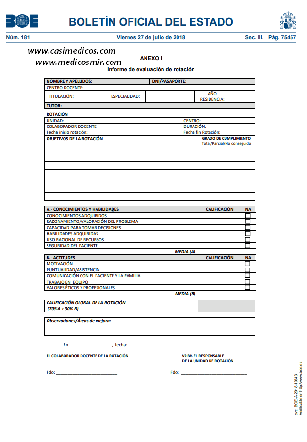 INFORME DE EVALUACIÓN DE ROTACIÓN de los especialistas en formación (MIR).