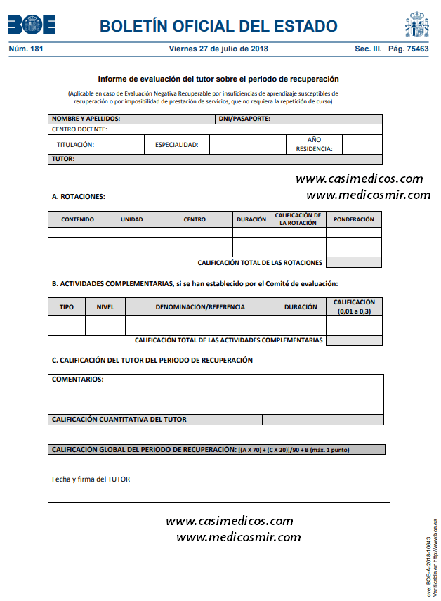 INFORME DE EVALUACIÓN DEL TUTOR SOBRE EL PERIODO DE RECUPERACIÓN de los especialistas en formación (MIR).