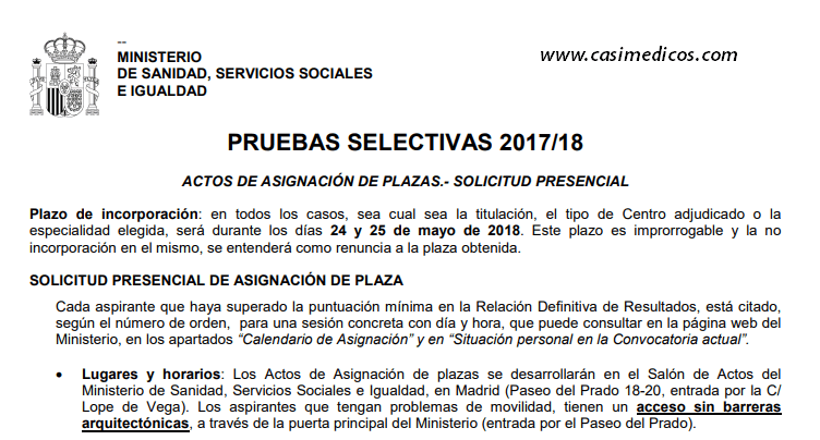 Actos de asignación de plazas MIR 2018. Solicitud presencial