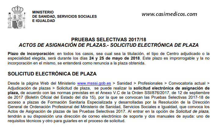 Actos de asignación de plazas MIR 2018. Solicitud electrónica