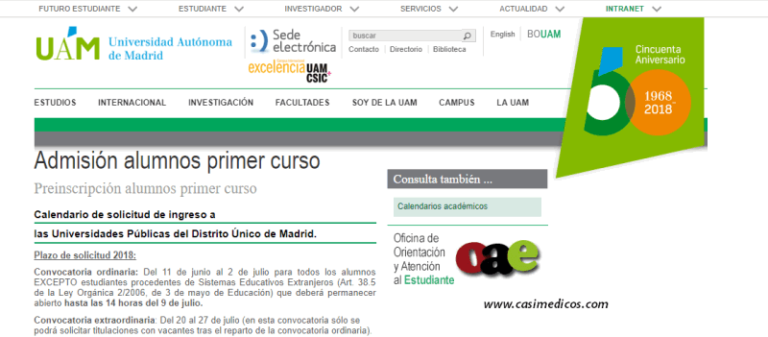 Admisión 2018: Grado en Medicina.  Distrito Universitario de MADRID