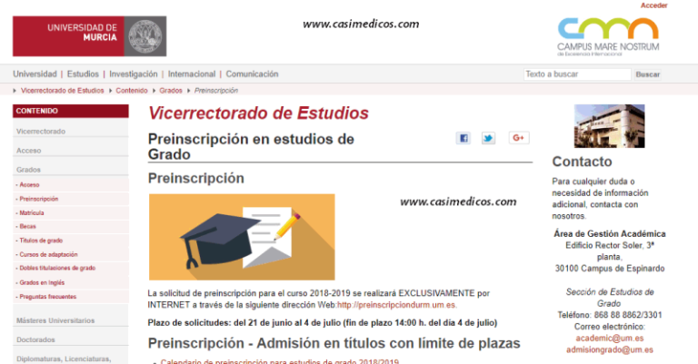 Admisión 2018: Grado en Medicina.  Distrito Universitario de MURCIA