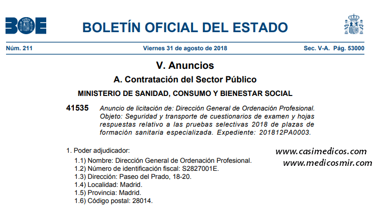 Ha salido a licitacion la Seguridad y transporte de cuestionarios de examen y hojas respuestas del MIR de 2019