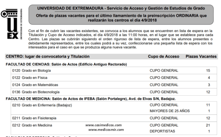 Llamamiento presencial Universidad Extremadura ultimas vacantes 2018/2019