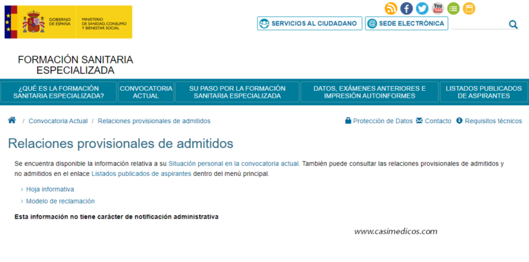 Relaciones provisionales de admitidos y no admitidos - Pruebas selectivas Formación Sanitaria Especializada 2019.