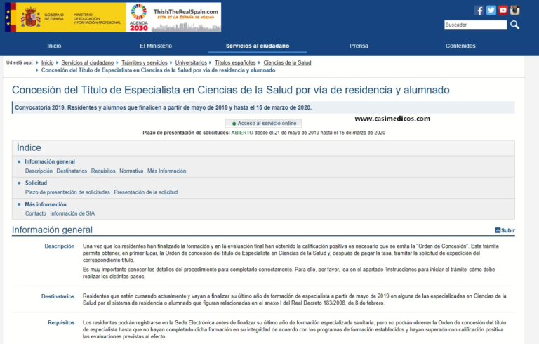 Concesión del Título de Especialista en Ciencias de la Salud por vía de residencia y alumnado