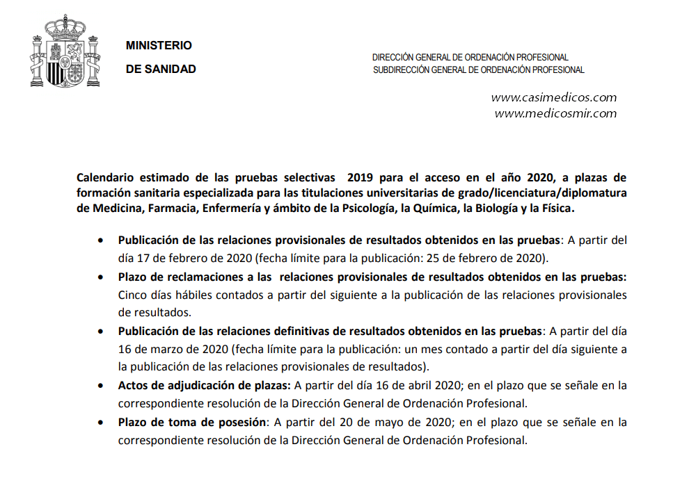 Calendario estimado de las pruebas selectivas 2019 para el acceso en el año 2020, a plazas de formación sanitaria especializada