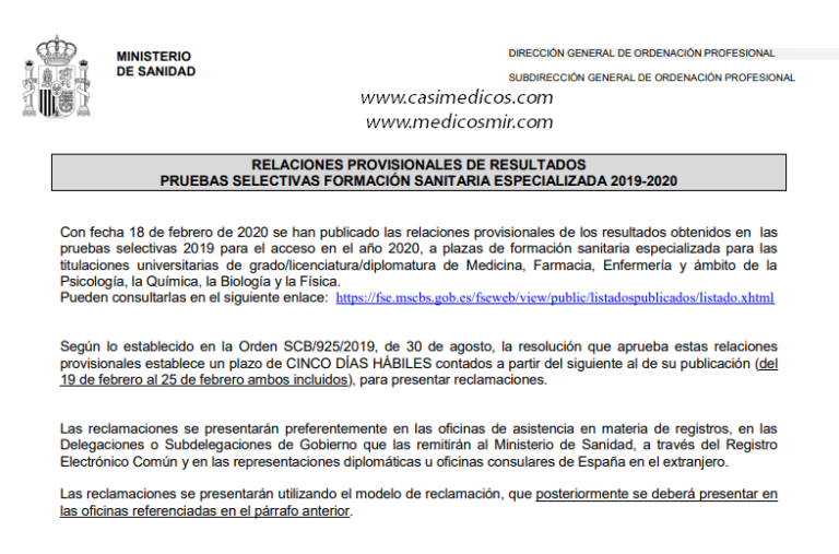 RELACIONES PROVISIONALES DE RESULTADOS PRUEBAS SELECTIVAS FORMACIÓN SANITARIA ESPECIALIZADA 2019-2020