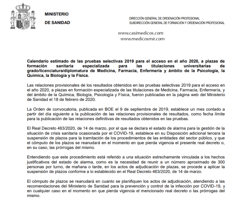 Calendario estimado de las pruebas selectivas 2019 para el acceso en el año 2020, a plazas de formación sanitaria especializada