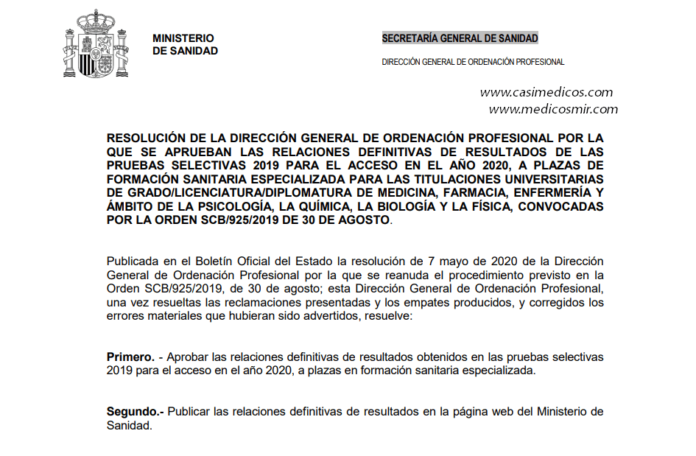 RELACIONES DEFINITIVAS DE RESULTADOS DE LAS PRUEBAS SELECTIVAS 2019 PARA EL ACCESO EN EL AÑO 2020