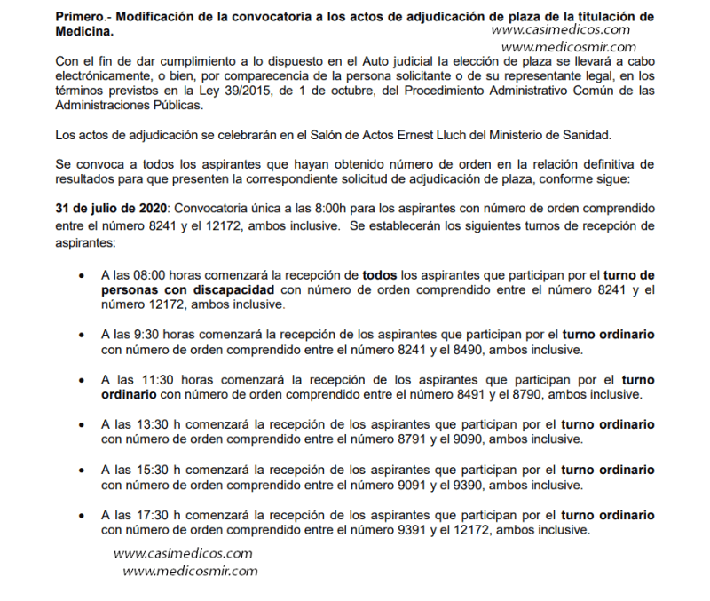 Modificación de la convocatoria a los actos de adjudicación de plaza de la titulación de Medicina el 31 de julio 2020