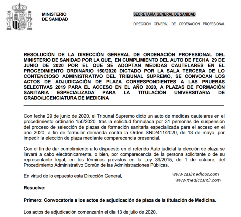 El 13 de julio comienza la adjudicación presencial y telemática de plazas de formación sanitaria especializada para la titulación de Medicina 2020