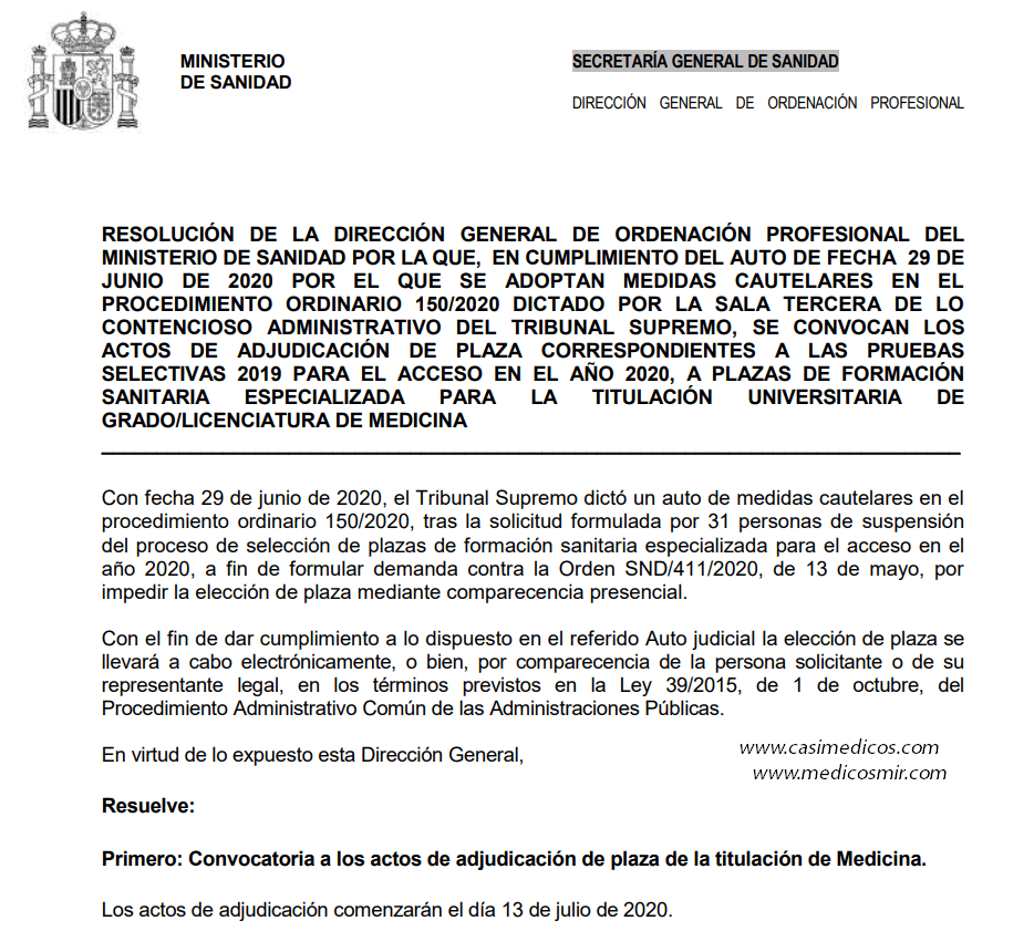 El 13 de julio comienza la adjudicación presencial y telemática de plazas de formación sanitaria especializada para la titulación de Medicina 2020