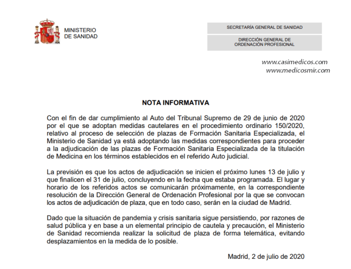 La previsión es que los actos de adjudicación MIR 2020 se inicien el próximo lunes 13 de julio y que finalicen el 31 de julio