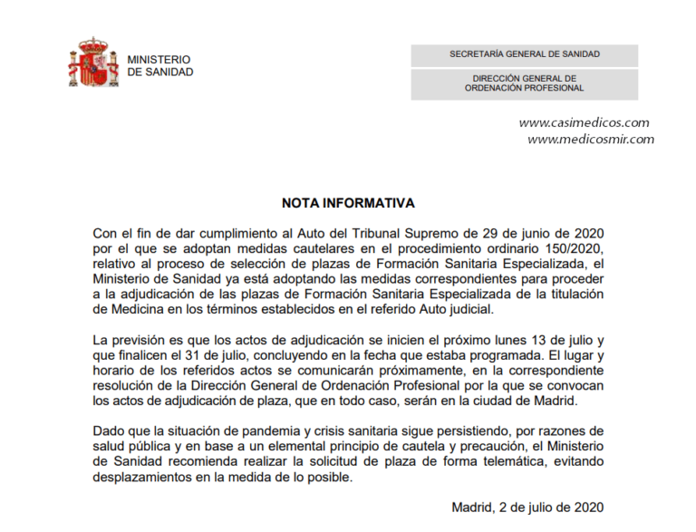 La previsión es que los actos de adjudicación MIR 2020 se inicien el próximo lunes 13 de julio y que finalicen el 31 de julio