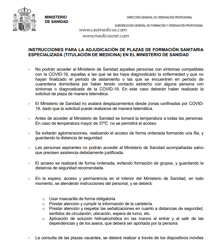 Medidas higiénico-sanitarias obligatorias para los MIR 2020 que acudan de forma presencial al Ministerio de Sanidad