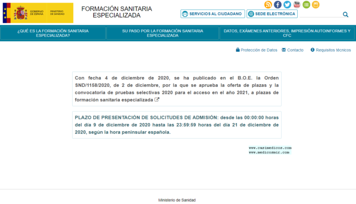 Se aprueba la oferta de plazas y la convocatoria de pruebas selectivas 2020 para el acceso en el año 2021, a plazas de formación sanitaria especializada