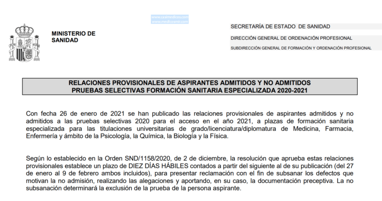 Se han publicado las relaciones provisionales de admitidos y no admitidos a las pruebas selectivas  FORMACIÓN SANITARIA ESPECIALIZADA 2020-2021