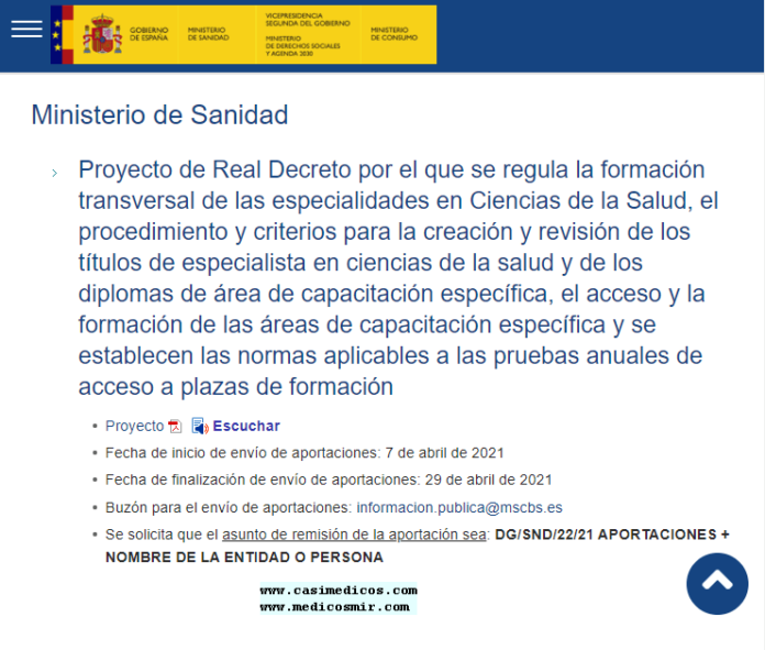 Proyecto de Real Decreto por el que se regula la formación transversal de las especialidades en Ciencias de la Salud