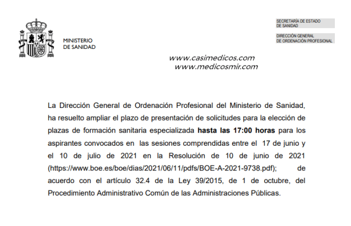 Ampliación del plazo de presentación de solicitudes de plazas y cambio de fechas actos de adjudicación MIR 2020/2021