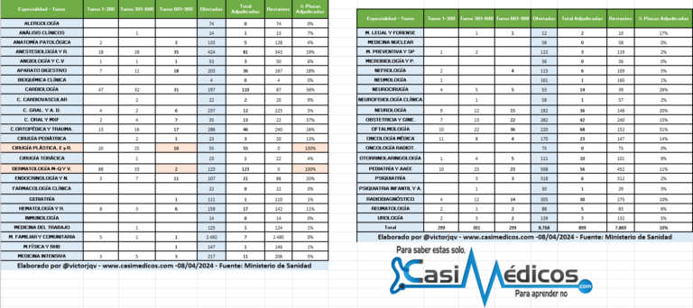 Plazas adjudicadas por especialidad, 8 de abril de 2024.